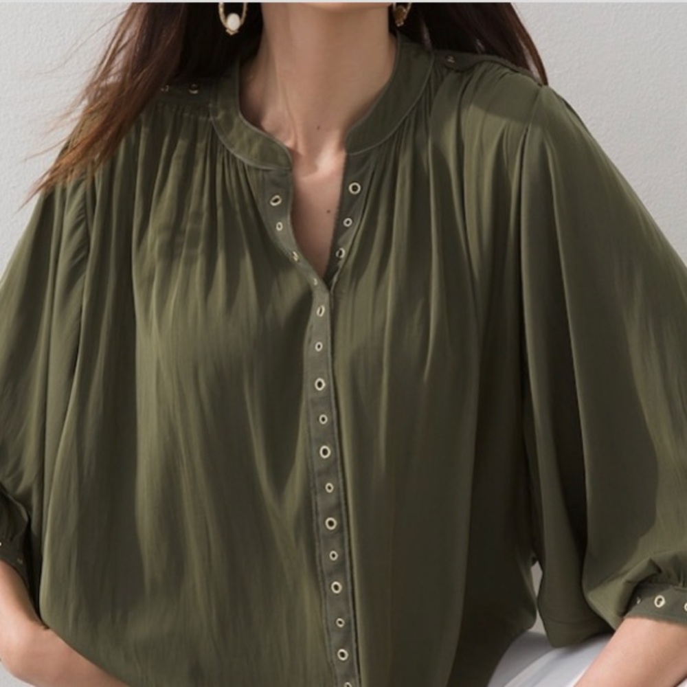 Chicos Ring-Trim Blouse Size 1 8/10 M Olive